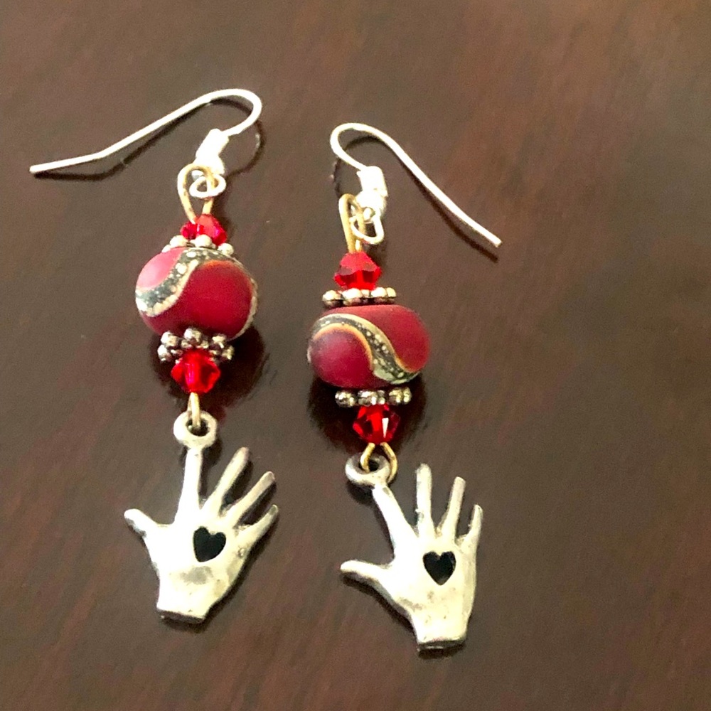 Red and Silver Glass Bead Dangle Earrings